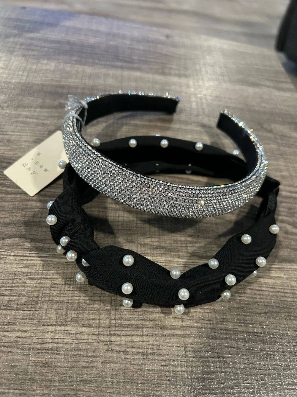 a new day Silver Crystal and Black Pearl Duo Headband Set